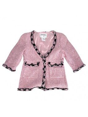 Chanel Logo Button Collarless Jacket Tweed Vintage 38 Pink Cotton Acrylic